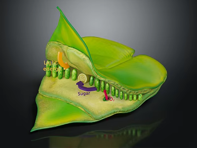 Plant Leaf Internal Structure Showing Photosynthesis Process With Light Energy Sugar And Oxygen 3d model