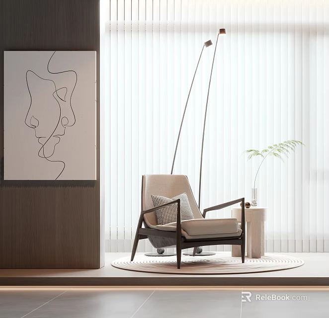 Cozy Modern Accent Chair With Round Rug Floor Lamp And Abstract Painting By White Blinds 3d model 