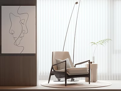 Cozy Modern Accent Chair With Round Rug Floor Lamp And Abstract Painting By White Blinds 3d model