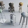 Various Water Storage Equipment Including Wooden And Metal Water Towers With Different Designs