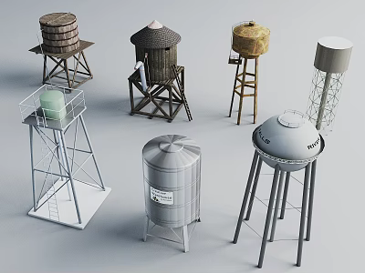 Various Water Storage Equipment Including Wooden And Metal Water Towers With Different Designs 3d model