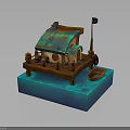 Small Waterfront Cabin With Verdigris Roof Chimney Flagpole And Small Boat On Blue Water Base