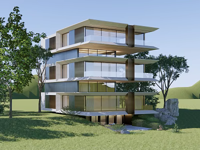Modern Detached Villa With Multi Storey Structure Large Glass Windows Balconies And Green Trees Surroundings 3d model
