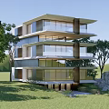 Modern Detached Villa With Multi Storey Structure Large Glass Windows Balconies And Green Trees Surroundings