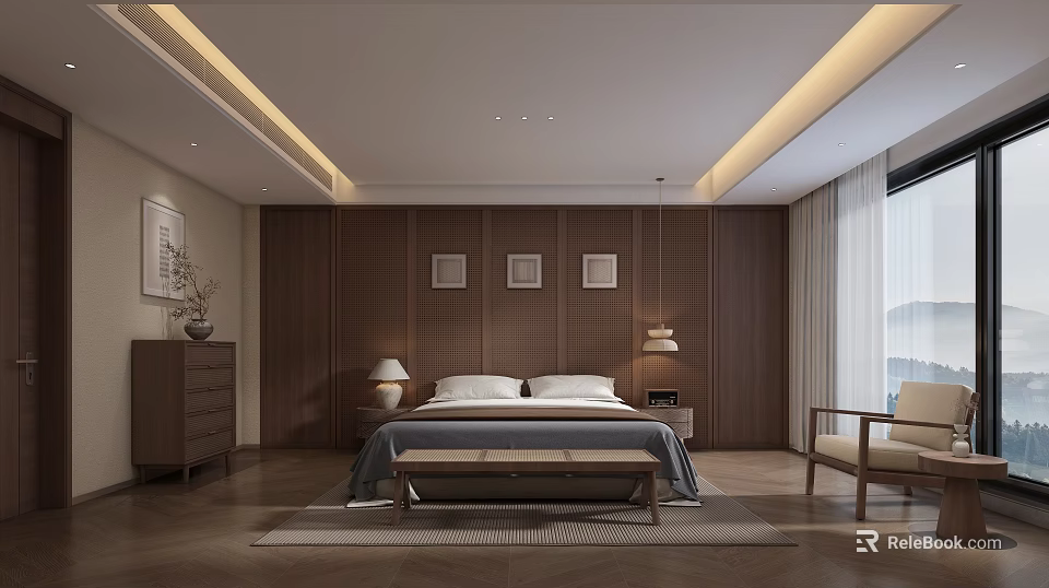 Modern Bedroom Interior with Wooden Walls Bed Nightstands Table Lamps Paintings Bench Window and Rug 3d model 