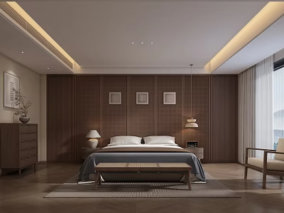 Modern Bedroom Interior with Wooden Walls Bed Nightstands Table Lamps Paintings Bench Window and Rug 3d model