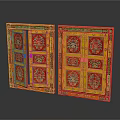 Traditional Furniture Two Red Framed Yellow Panel Cabinets With Intricate Decorative Patterns