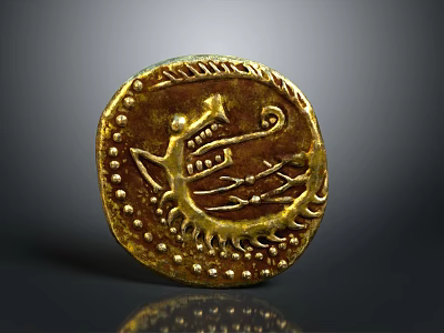 Golden Circular Traditional Sculpture Carving With Intricate Dragon Design And Decorative Dots 3d model