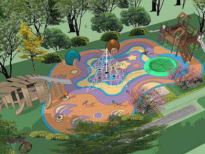 Outdoor Children's Playground With Climbing Structure Slides Colorful Ground And Greenery 3d model