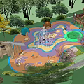 Outdoor Children's Playground With Climbing Structure Slides Colorful Ground And Greenery