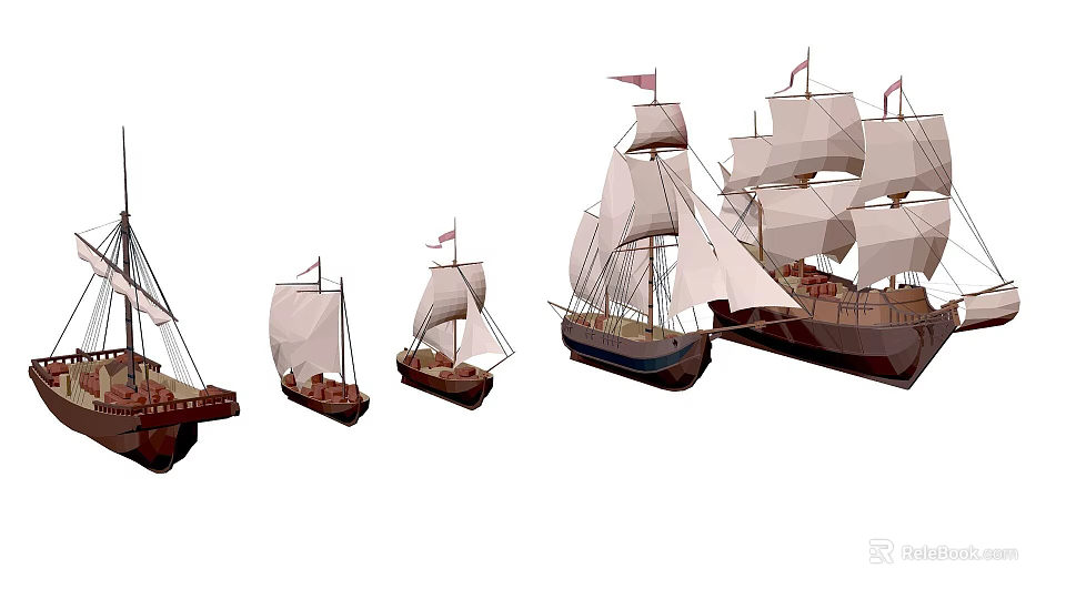 Collection of Sailboats in Various Sizes Displayed Together as Water Transport 3d model 