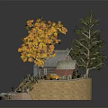 Cartoon Scene With Wooden Cabin Thatched Roof Red Door Yellow Truck And Orange Leaf Trees