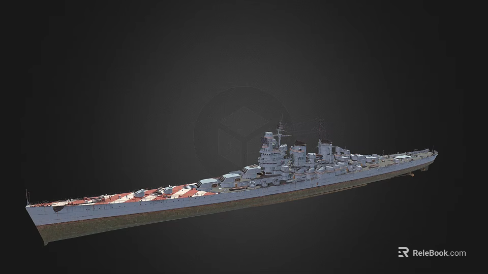 Detailed 3D Model of Armored Battleship with Turrets and Red White Paint 3d model 