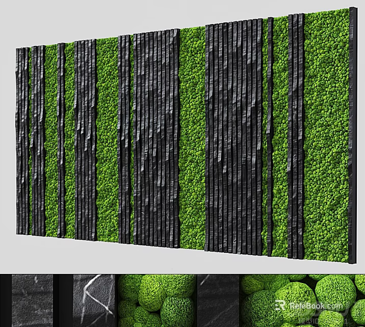 Green Plant Wall Design With Black Vertical Slats And Lush Foliage 3d model 