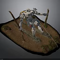 White Mechanical Robot Standing On Dirt Ground With Wooden Sticks And Small Plants
