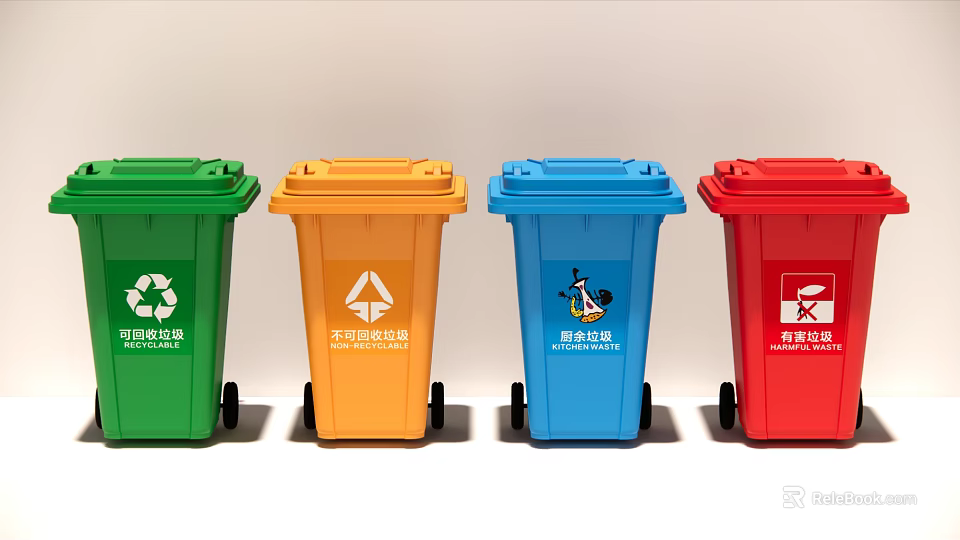 Public Facility Colorful Trash Bins with Various Waste Sorting Signs 3d model