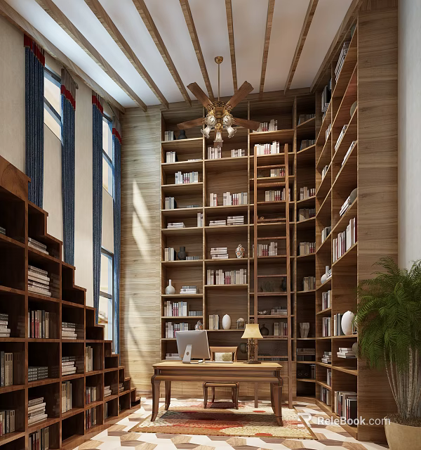 Cozy Home Study Room With Wooden Bookshelves Desk Natural Light And Chandelier 3d model 