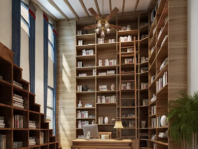 Cozy Home Study Room With Wooden Bookshelves Desk Natural Light And Chandelier 3d model