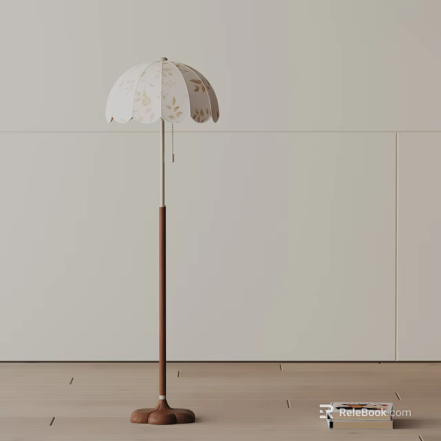Stylish Floor Lamp with White Leaf Pattern Shade and Brown Wooden Base in Minimalist Room 3d model 