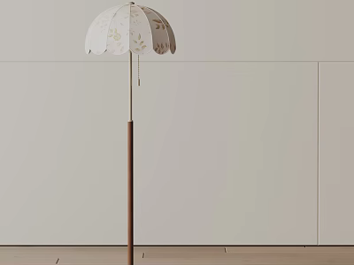 Stylish Floor Lamp with White Leaf Pattern Shade and Brown Wooden Base in Minimalist Room 3d model