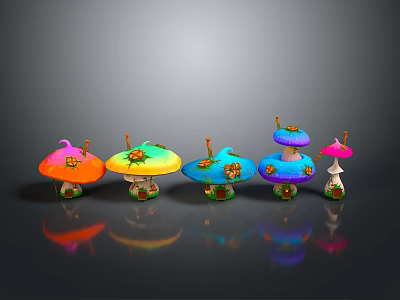 Colorful Mushroom Plants Arranged In A Row With Various Colors And Shiny Reflections 3d model