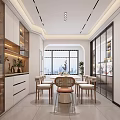 Minimalist Living and Dining Room Interior With Beige Sofa Glass Wine Cabinet And Dining Set