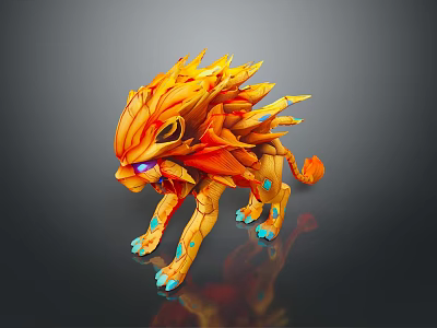 Mythical Lion Like Game Character With Flaming Orange Yellow Mane Blue Eyes And Claw Accents 3d model