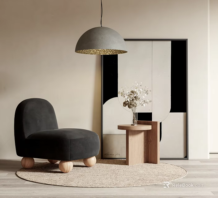 Black Suede Single Seater Sofa With Wooden Legs Side Table Flowers Large Mirror And Rug 3d model 