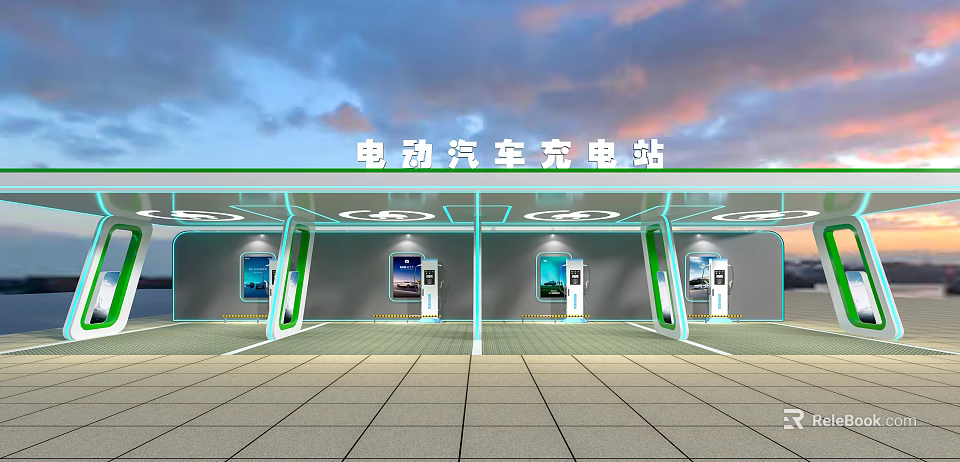 Modern Outdoor Electric Vehicle Charging Station With Multiple Chargers And LED Lighting 3d model 