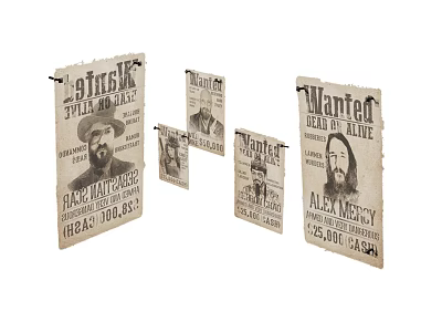 Historical Portraits On Multiple Vintage Wanted Posters With Dead Or Alive Text 3d model