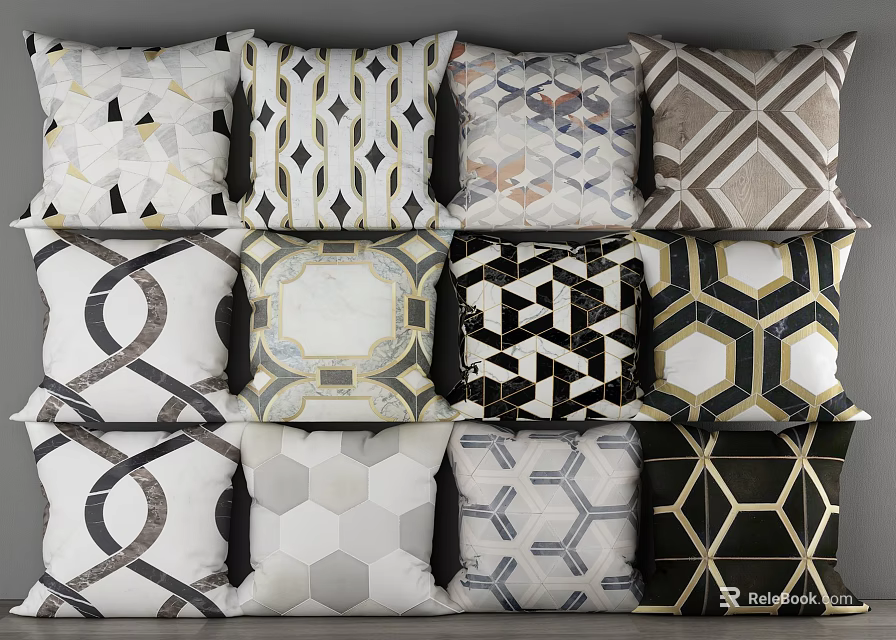 Modern Geometric Throw Pillows with Black White Gray Patterns and Abstract Designs 3d model