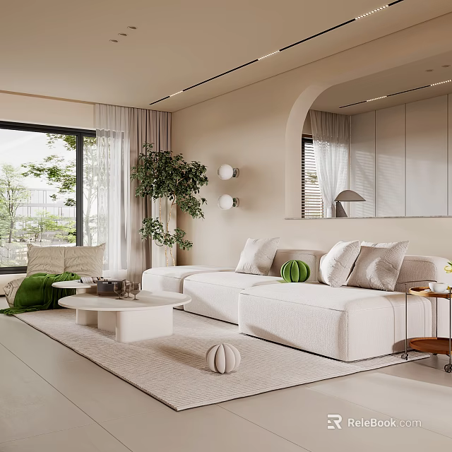 Modern Living Dining Room Interior Design With White Sofa Green Cushions And Round Coffee Table 3d model 