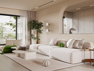 Modern Living Dining Room Interior Design With White Sofa Green Cushions And Round Coffee Table 3d model