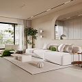 Modern Living Dining Room Interior Design With White Sofa Green Cushions And Round Coffee Table