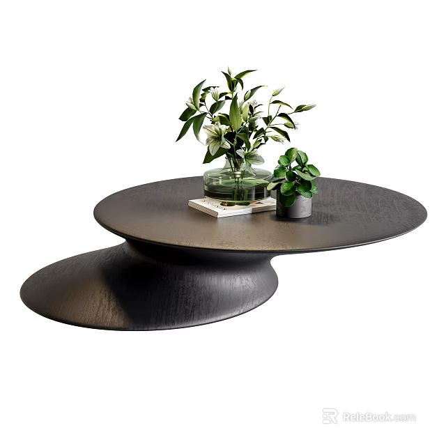 Black Round Coffee Table with Unique Curved Base and Green Plants on Top 3d model