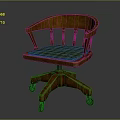 Classic Wooden Office Chair With Curved Armrests Green Plaid Cushion And Wheeled Base