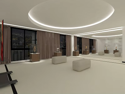 Modern Lobby Interior With Circular Ceiling Light Wooden Panel Walls Large Windows And Beige Sofas 3d model