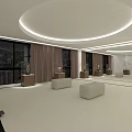 Modern Lobby Interior With Circular Ceiling Light Wooden Panel Walls Large Windows And Beige Sofas 3d model