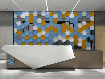 Sleek Modern Reception Desk With Hexagonal Mirrored Wall In Blue Yellow Grey Tones 3d model