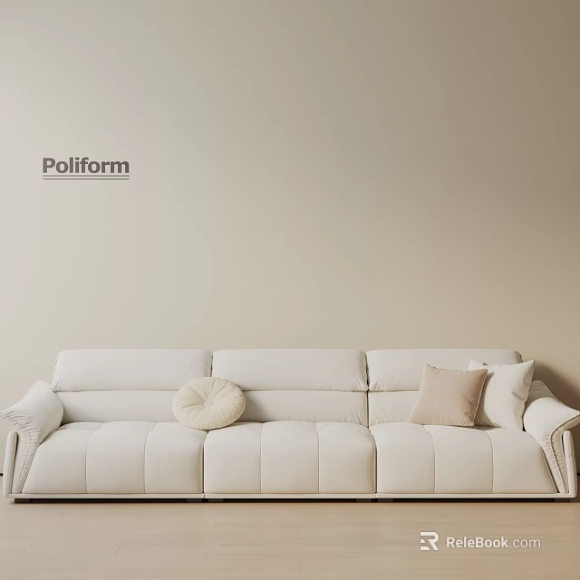 Poliform White Three Seater Sofa With Throw Pillows On Beige Wall Background 3d model 