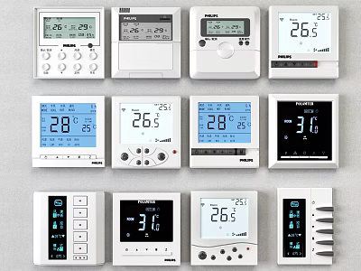 Collection Of Modern Thermostat Switch Panels With Digital Display And Temperature Controls 3d model