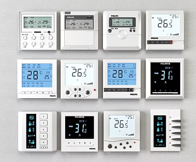 Collection Of Modern Thermostat Switch Panels With Digital Display And Temperature Controls 3d model