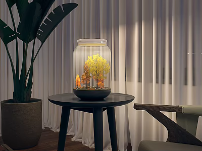 Decorative Ornament Set with Glass Jar Holding Yellow Trees and Orange Details on Small Black Table 3d model