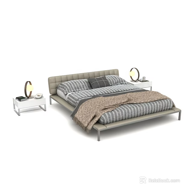 Modern Double Bed with Upholstered Headboard Striped Bedding and Bedside Lamps 3d model 