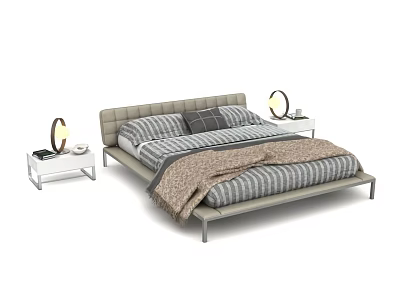 Modern Double Bed with Upholstered Headboard Striped Bedding and Bedside Lamps 3d model