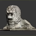 Classic Style Stone Lion Sculpture With Reclining Position And Carved Mane On Solid Base