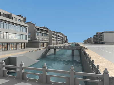 Modern Commercial Street With River Canal Stone Bridge And Pedestrian Walkway 3d model