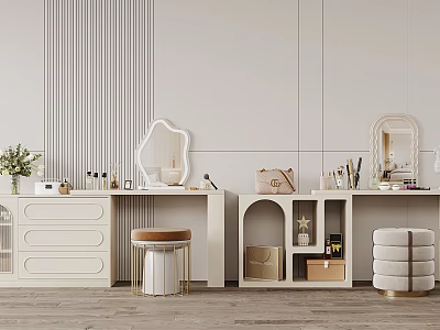 Modern White Dressing Table With Decorative Mirror Velvet Stool Cosmetics And Decor On Striped Wall 3d model