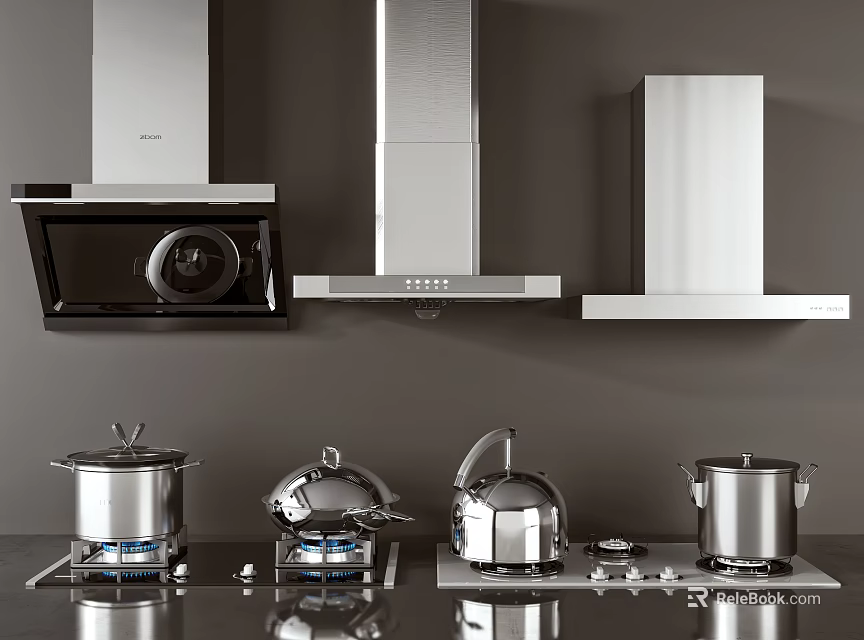 Sleek Modern Stainless Steel Kitchen Appliances Including Range Hoods Pots And Gas Stoves 3d model 