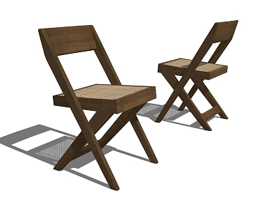 Two Wooden Leisure Chairs With Crossed Legs Frame And Woven Seat Design 3d model